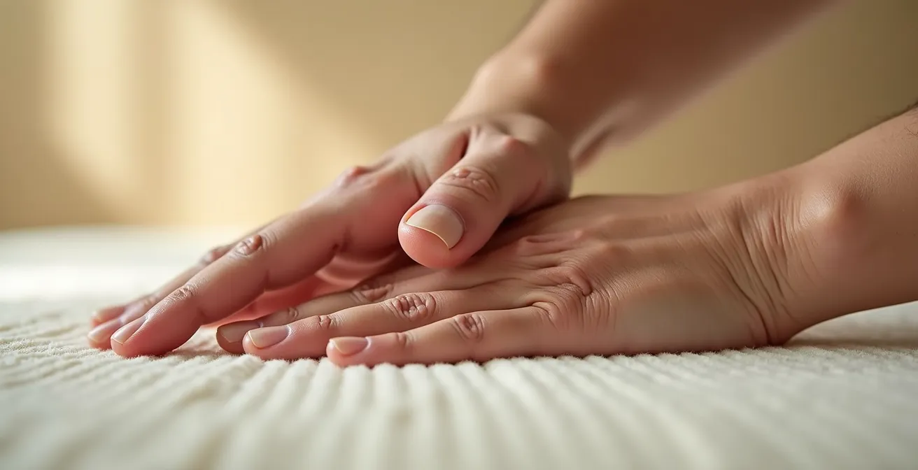 Détail macro d'une main appuyant doucement sur une surface moelleuse montrant la déformation