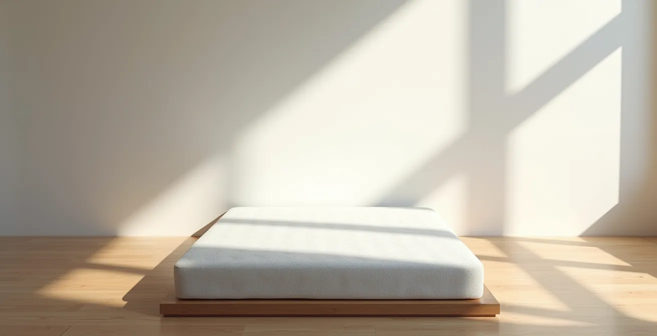Vue aérienne minimaliste d'un matelas dans une chambre épurée avec espace de circulation