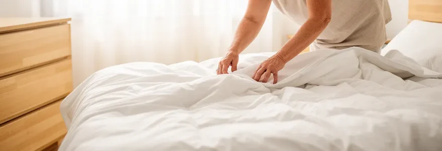 Femme ajustant une housse de couette en coton sur un lit double dans une chambre moderne
